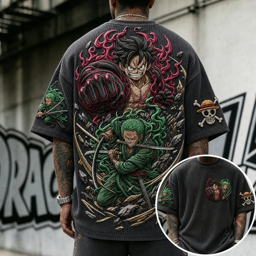 Unisex Anime-Style Retro Corduroy Oversized T-Shirt