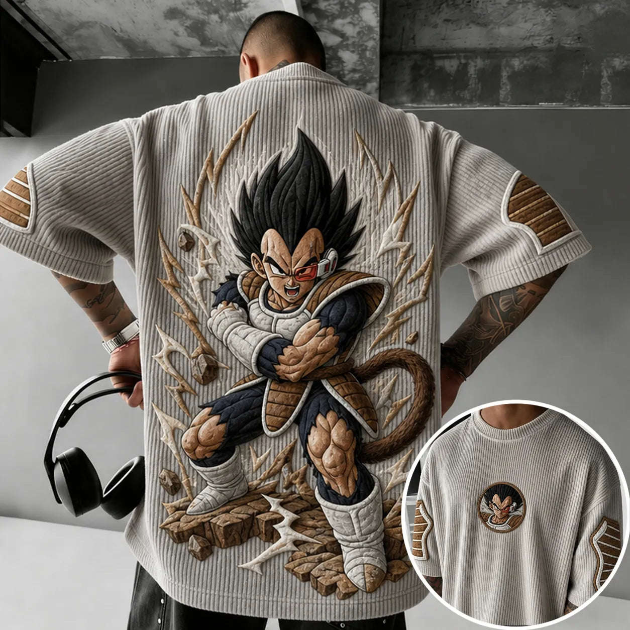 Unisex Anime-Style Retro Corduroy Oversized T-Shirt