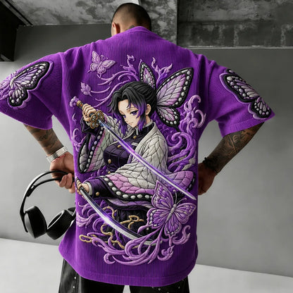 Unisex Anime-Style Retro Corduroy Oversized T-Shirt