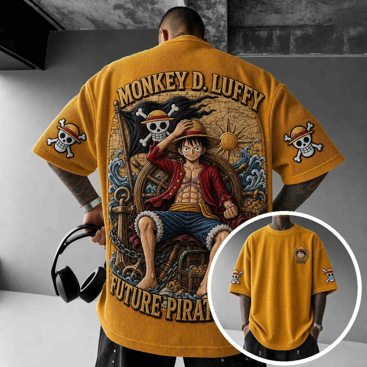 Premium Cotton-Blend Corduroy T-Shirt with Embroidered Patch – Oversized Graphic Tee for Casual Streetwear