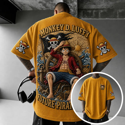 Premium Cotton-Blend Corduroy T-Shirt with Embroidered Patch – Oversized Graphic Tee for Casual Streetwear