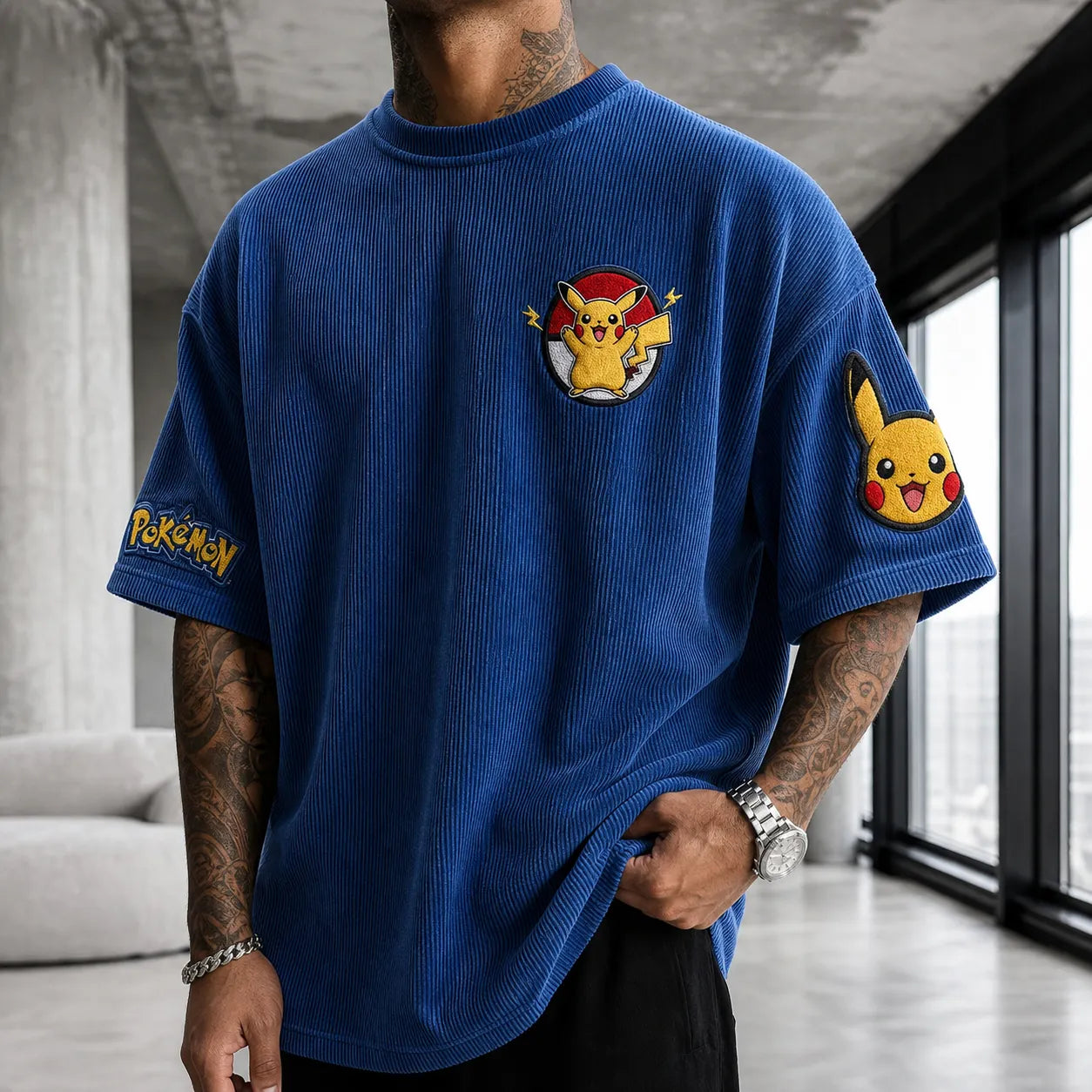 Unisex Anime-Style Retro Corduroy Oversized T-Shirt