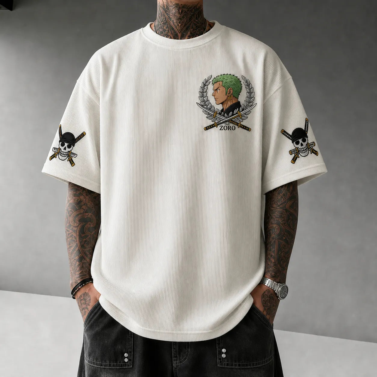 Unisex Oversized Anime-Print Vertical-Stripe Short-Sleeve T-Shirt