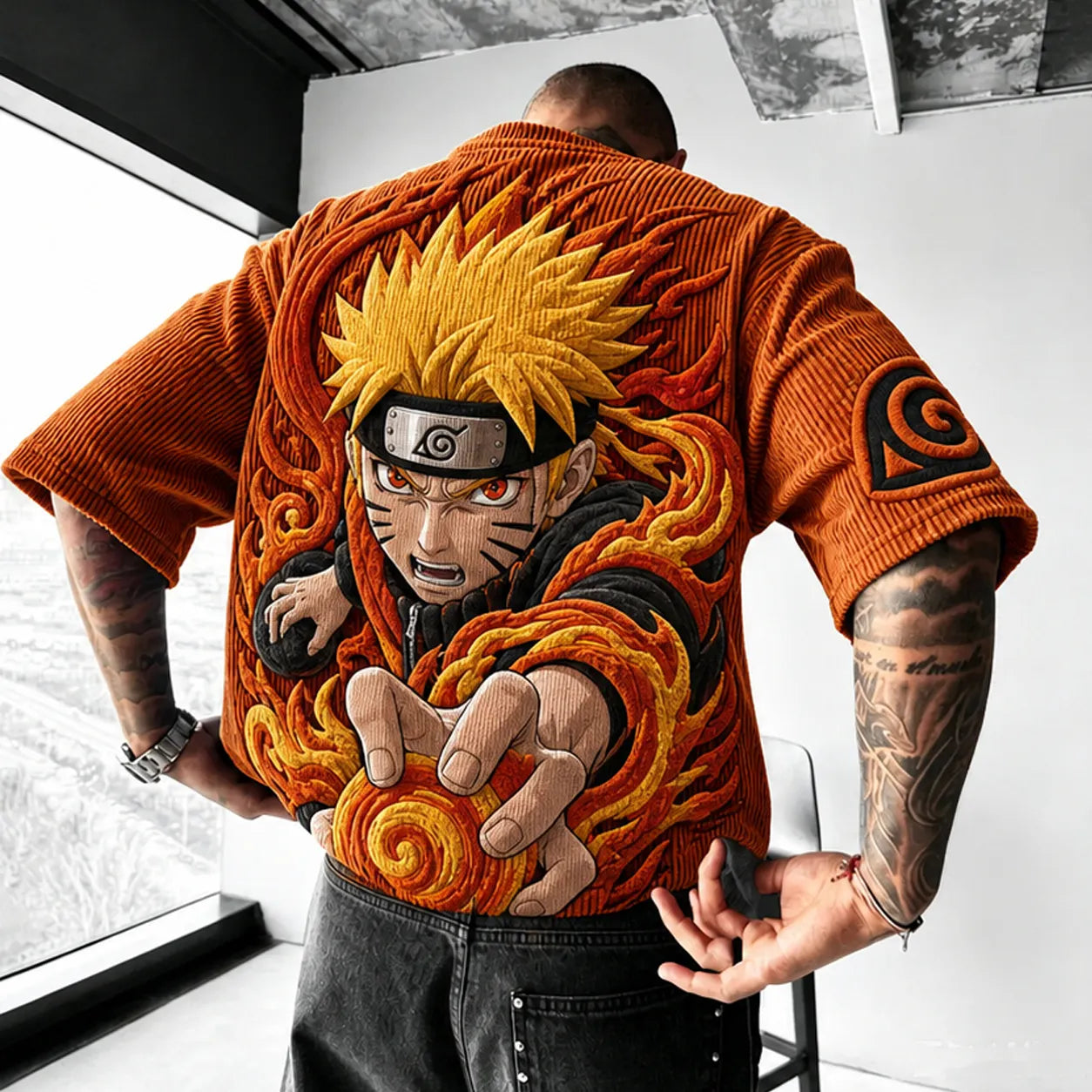 Unisex Anime-Style Retro Corduroy Oversized T-Shirt
