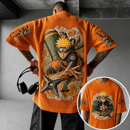 Unisex Oversized Anime-Print Vertical-Stripe Short-Sleeve T-Shirt