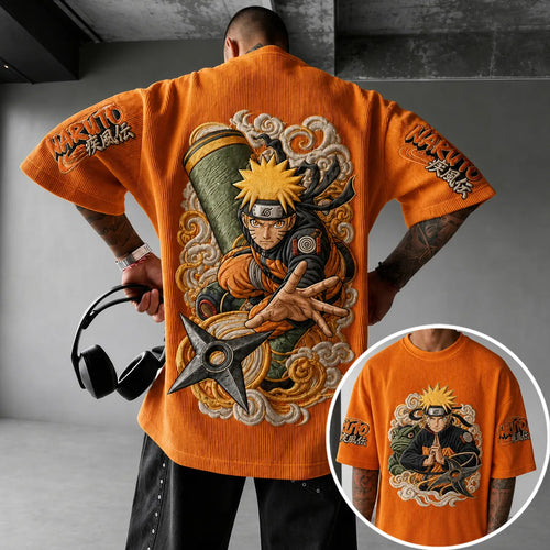 Unisex Oversized Anime-Print Vertical-Stripe Short-Sleeve T-Shirt