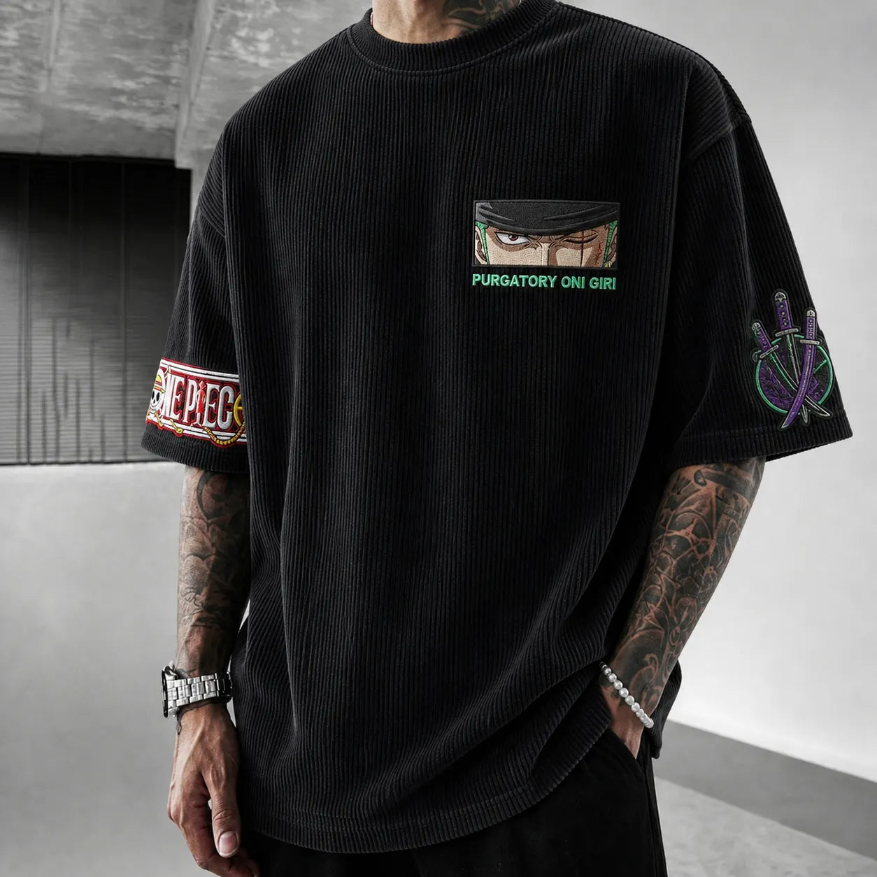 Unisex Short-Sleeve Corduroy T-Shirt With Anime Print