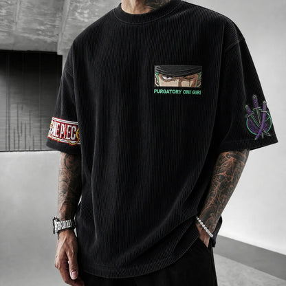 Unisex Short-Sleeve Corduroy T-Shirt With Anime Print