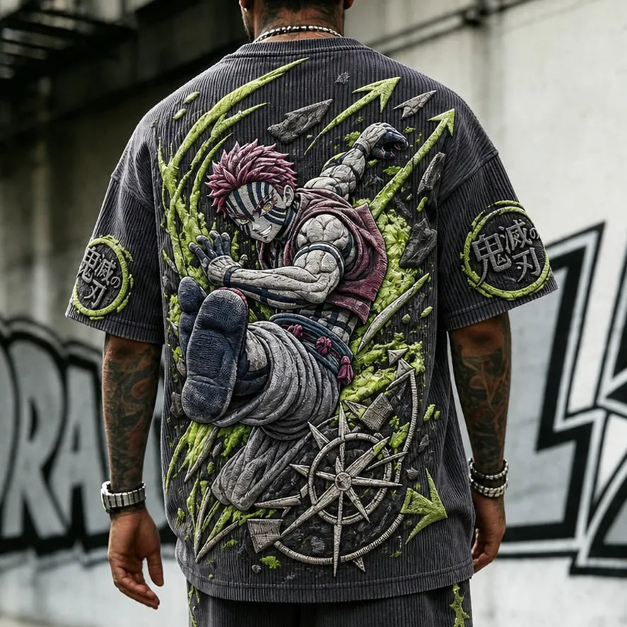 Unisex Oversized Anime-Print Vertical-Stripe Short-Sleeve T-Shirt