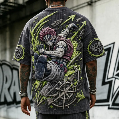 Unisex Oversized Anime-Print Vertical-Stripe Short-Sleeve T-Shirt