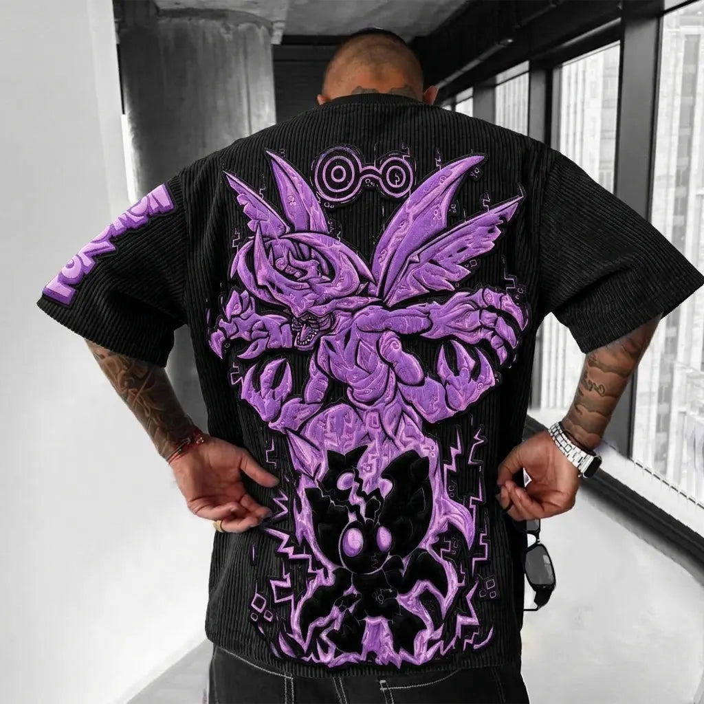 Unisex Anime-Style Retro Corduroy Oversized T-Shirt