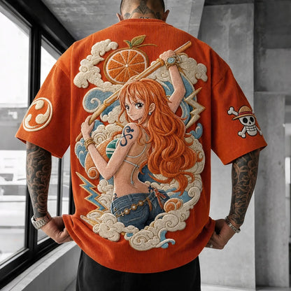 Unisex Anime-Style Retro Corduroy Oversized T-Shirt