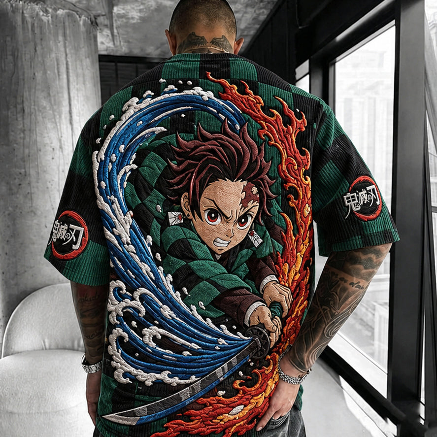Unisex Oversized Anime-Print Vertical-Stripe Short-Sleeve T-Shirt