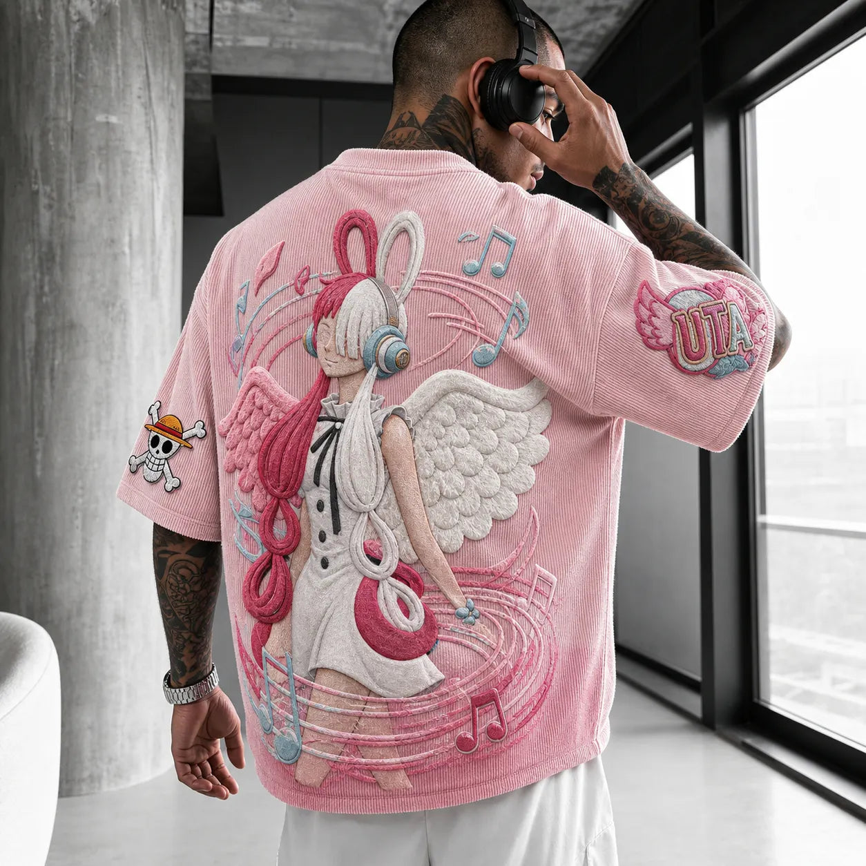 Premium Cotton-Blend Corduroy Oversized Graphic T-Shirt – Anime-Inspired 3D Embroidered Angel & Music Design, Short Sleeve Streetwear Top