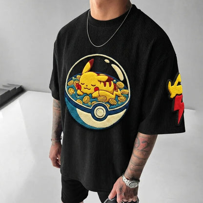 Unisex Anime-Style Retro Corduroy Oversized T-Shirt