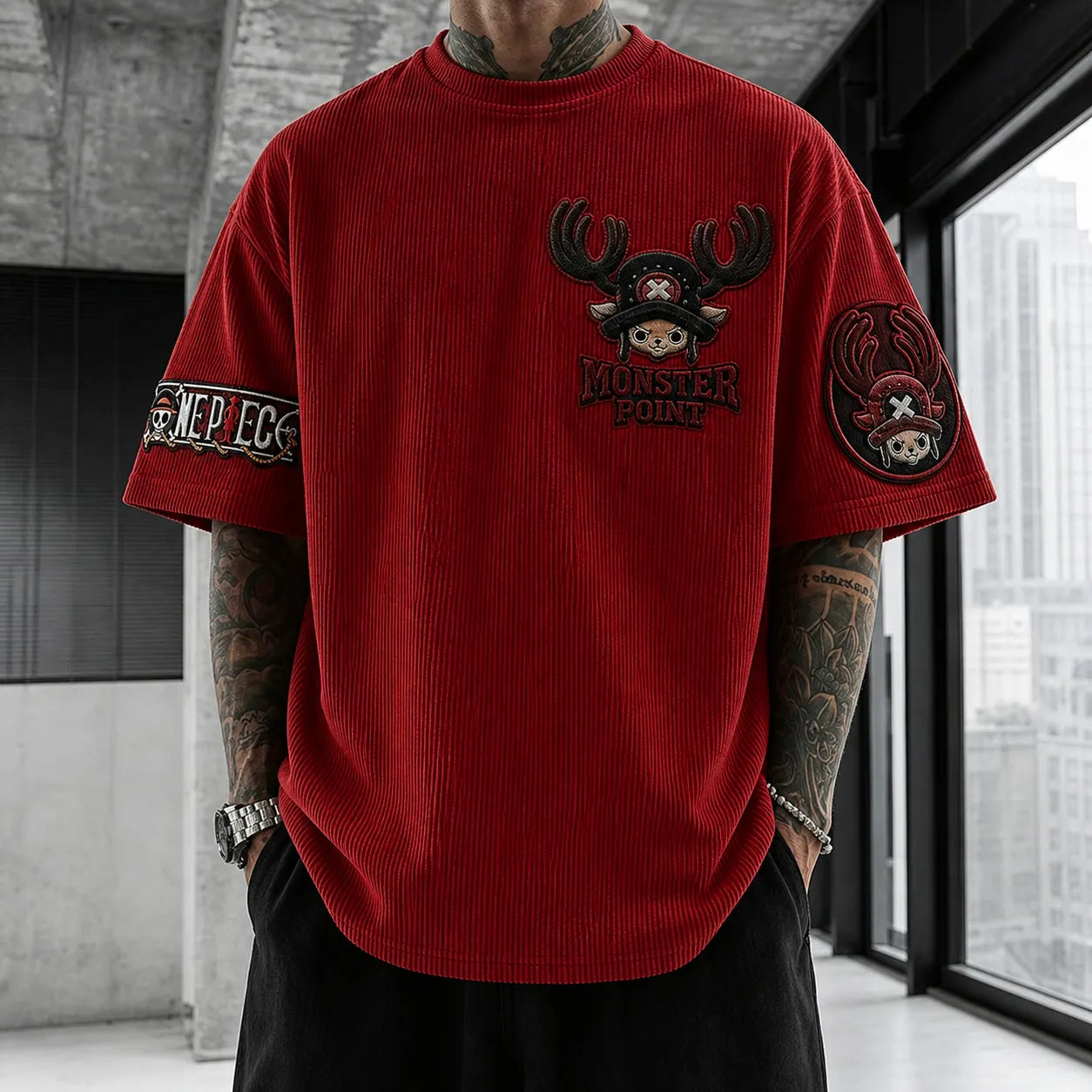 Unisex Short-Sleeve Corduroy T-Shirt With Anime Print