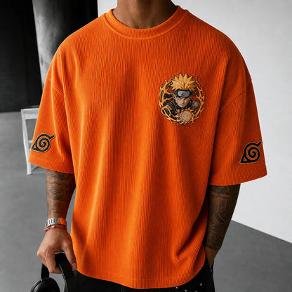 Unisex Oversized Anime-Print Vertical-Stripe Short-Sleeve T-Shirt