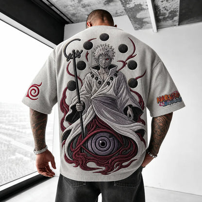 Unisex Oversized Anime-Print Vertical-Stripe Short-Sleeve T-Shirt