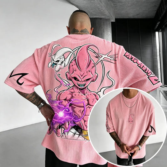 Anime-Inspired Vintage Waffle Knit T-Shirt