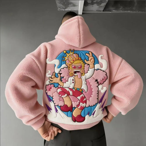Unisex   Embroidery Color-blocked Plush Hoodie
