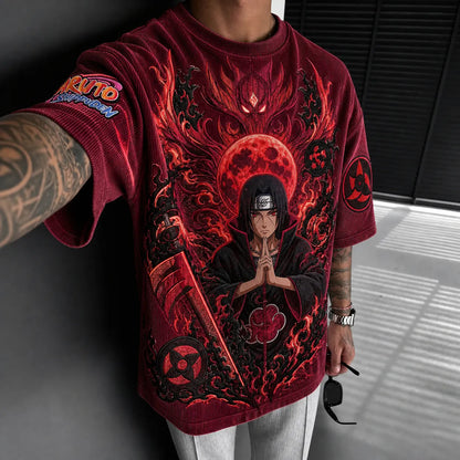 Unisex Oversized Anime-Print Vertical-Stripe Short-Sleeve T-Shirt