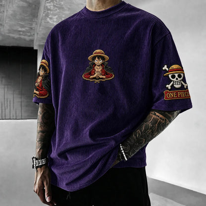 Unisex Anime-Style Retro Corduroy Oversized T-Shirt