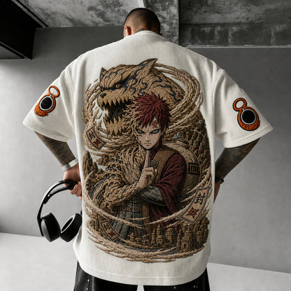Unisex Oversized Anime-Print Vertical-Stripe Short-Sleeve T-Shirt