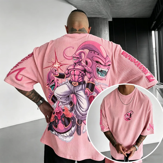 Anime-Inspired Vintage Waffle Knit T-Shirt