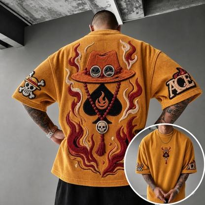 Unisex Anime-Style Retro Corduroy Oversized T-Shirt