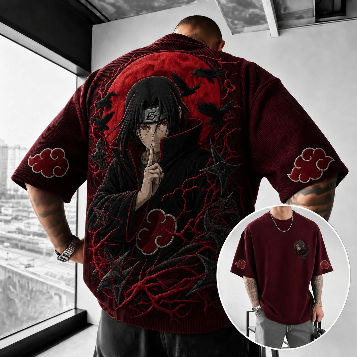 Unisex Oversized Anime-Print Vertical-Stripe Short-Sleeve T-Shirt