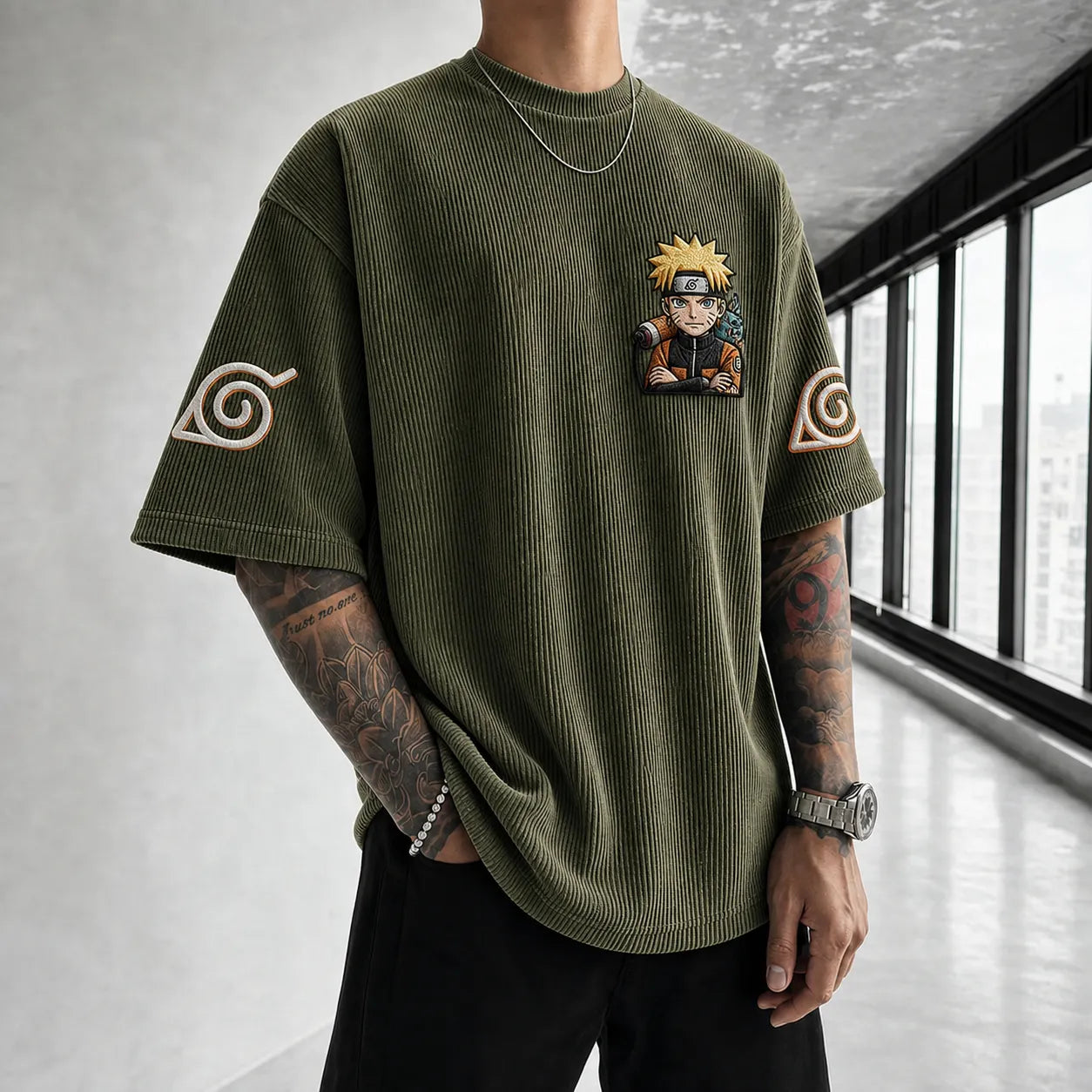 Unisex Oversized Anime-Print Vertical-Stripe Short-Sleeve T-Shirt