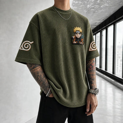 Unisex Oversized Anime-Print Vertical-Stripe Short-Sleeve T-Shirt