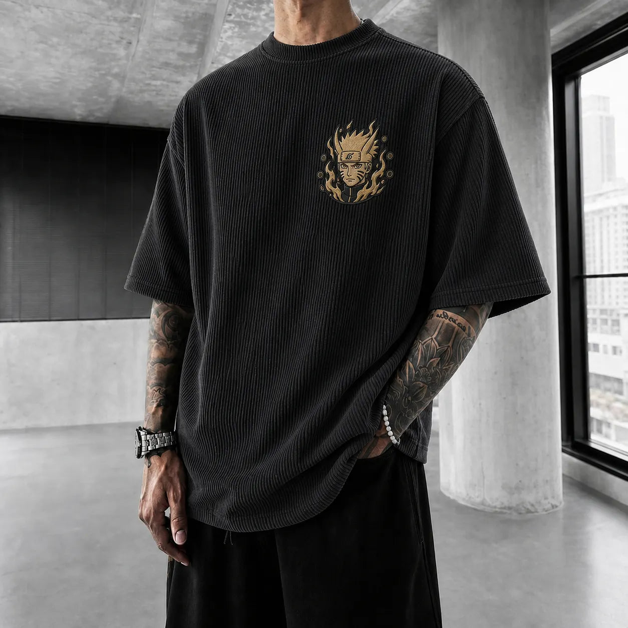 Unisex Oversized Anime-Print Vertical-Stripe Short-Sleeve T-Shirt