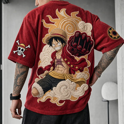 Unisex Anime-Style Retro Corduroy Oversized T-Shirt