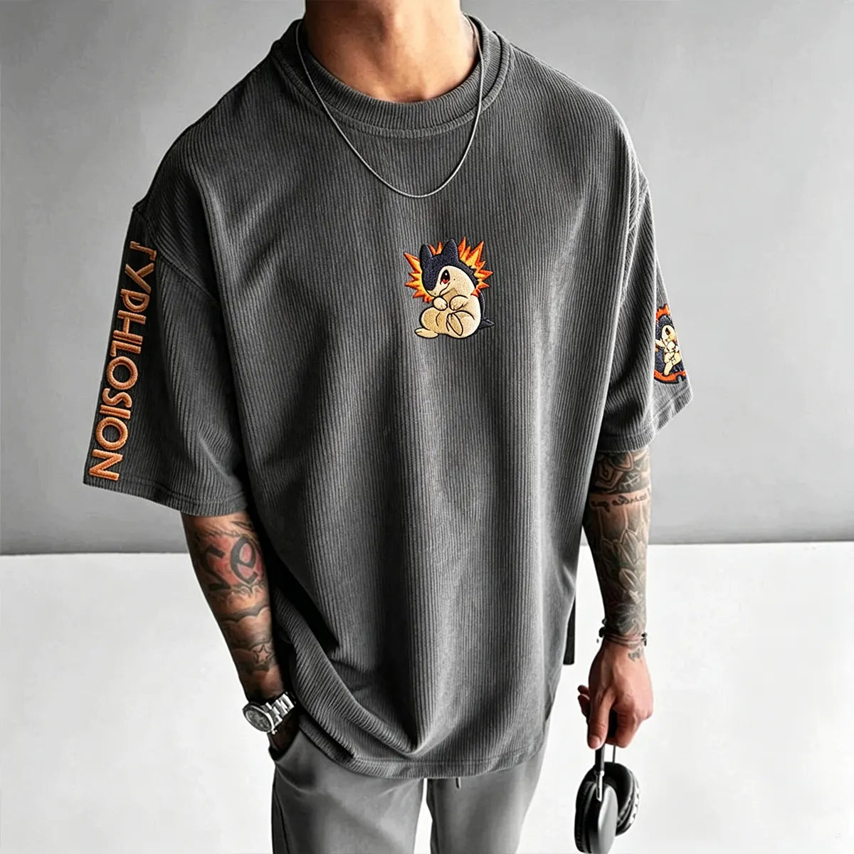 Anime-Inspired Vintage Waffle Knit T-Shirt