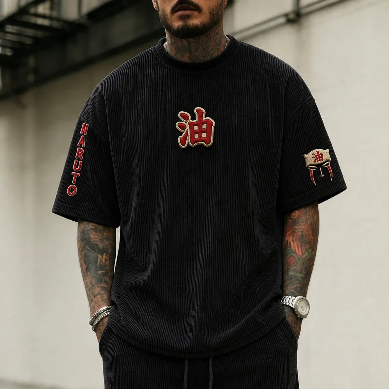 Unisex Anime-Style Retro Corduroy Oversized T-Shirt