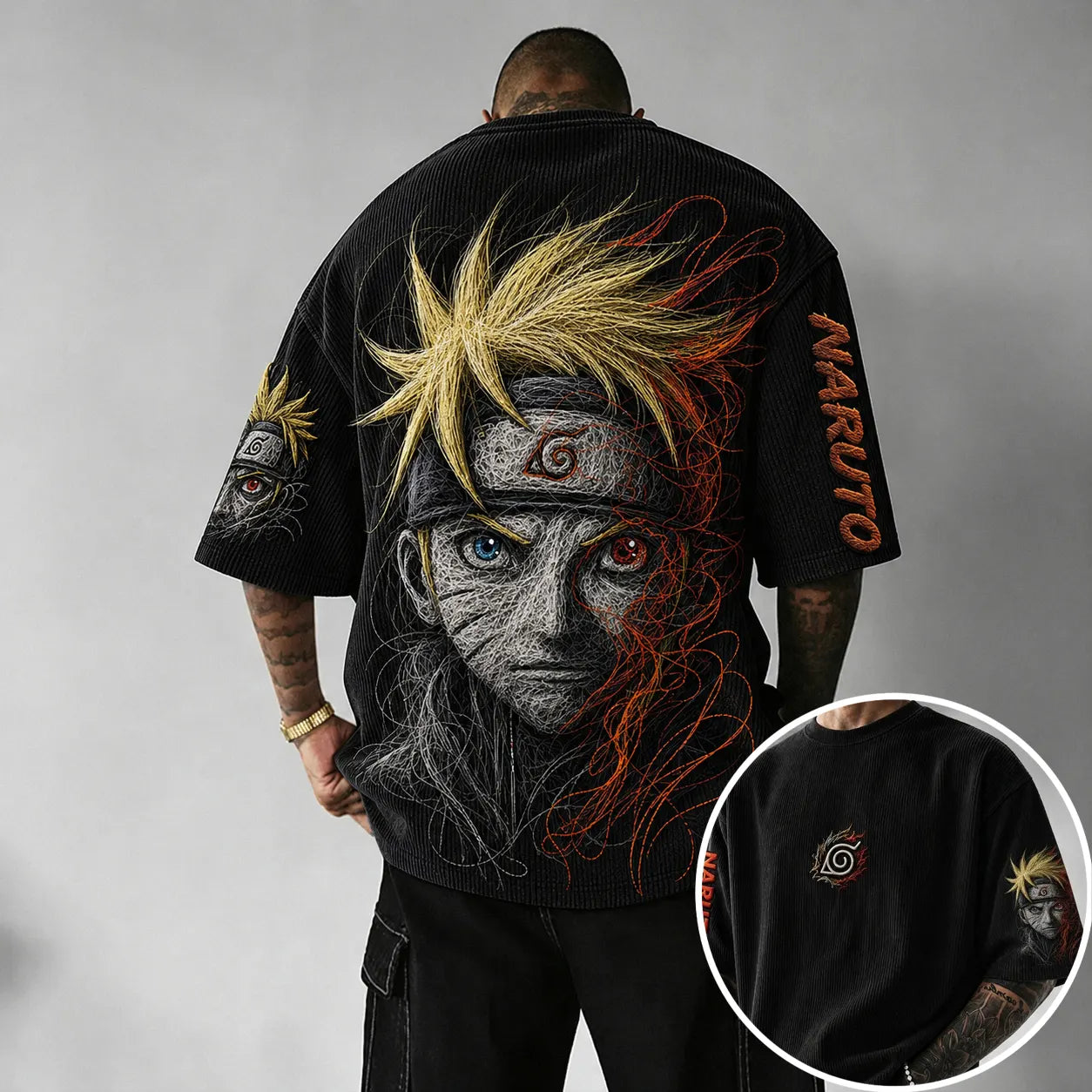 Naruto-Themed Corduroy Tee – Premium Cotton-Blend Oversized T-Shirt with Embroidered Leaf Symbol and Sleeve Art