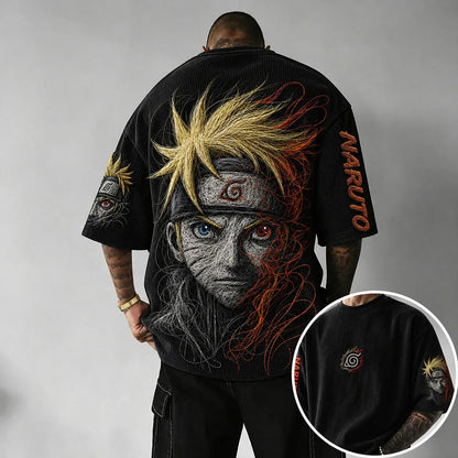 Naruto-Themed Corduroy Tee – Premium Cotton-Blend Oversized T-Shirt with Embroidered Leaf Symbol and Sleeve Art