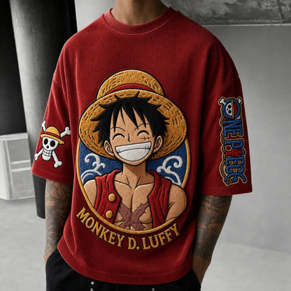 Unisex Short-Sleeve Corduroy T-Shirt With Anime Print