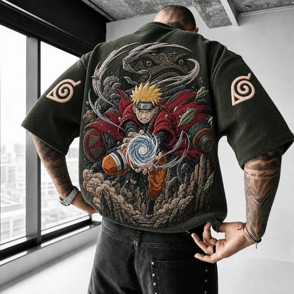 Unisex Oversized Anime-Print Vertical-Stripe Short-Sleeve T-Shirt