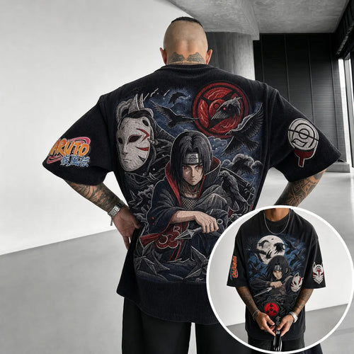 Unisex Oversized Anime-Print Vertical-Stripe Short-Sleeve T-Shirt