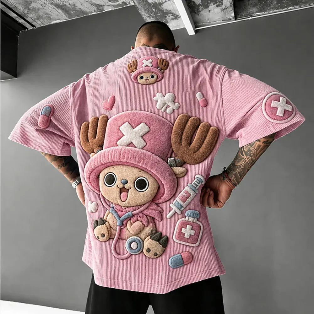 Unisex Anime-Style Retro Corduroy Oversized T-Shirt