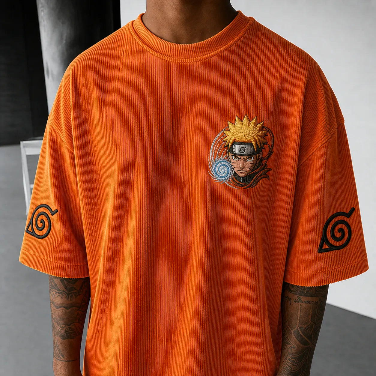 Unisex Oversized Anime-Print Vertical-Stripe Short-Sleeve T-Shirt