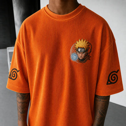 Unisex Oversized Anime-Print Vertical-Stripe Short-Sleeve T-Shirt