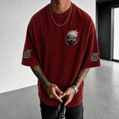 Unisex Oversized Anime-Print Vertical-Stripe Short-Sleeve T-Shirt