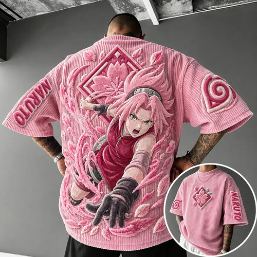 Unisex Anime-Style Retro Corduroy Oversized T-Shirt