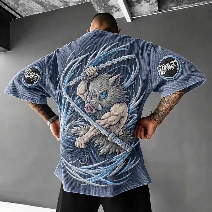 Unisex Oversized Anime-Print Vertical-Stripe Short-Sleeve T-Shirt