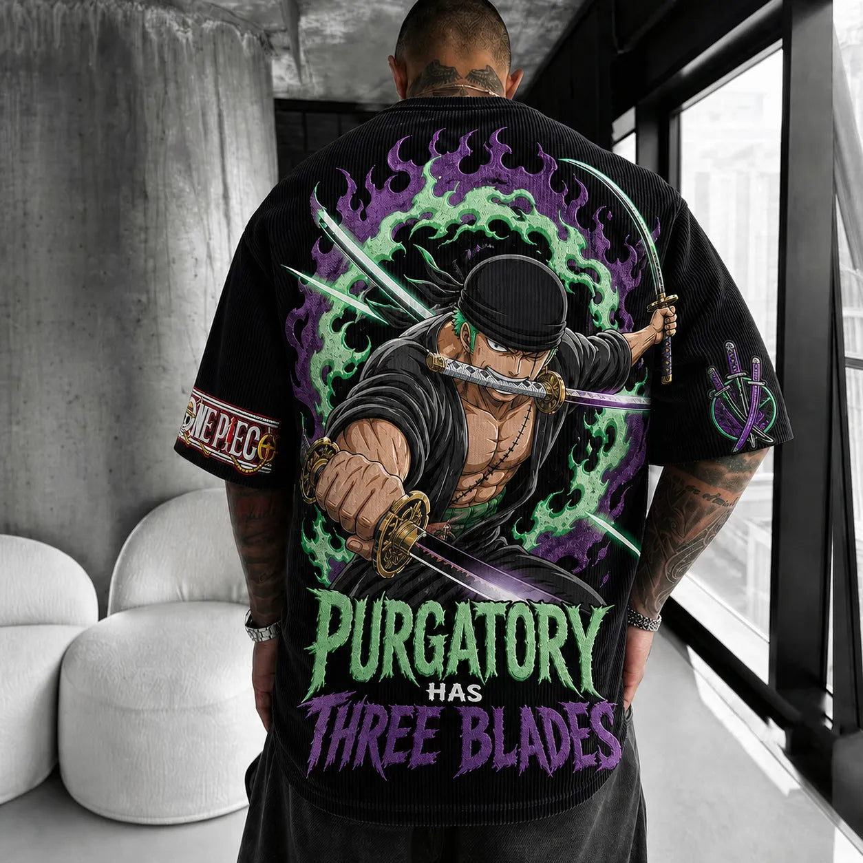 Unisex Short-Sleeve Corduroy T-Shirt With Anime Print