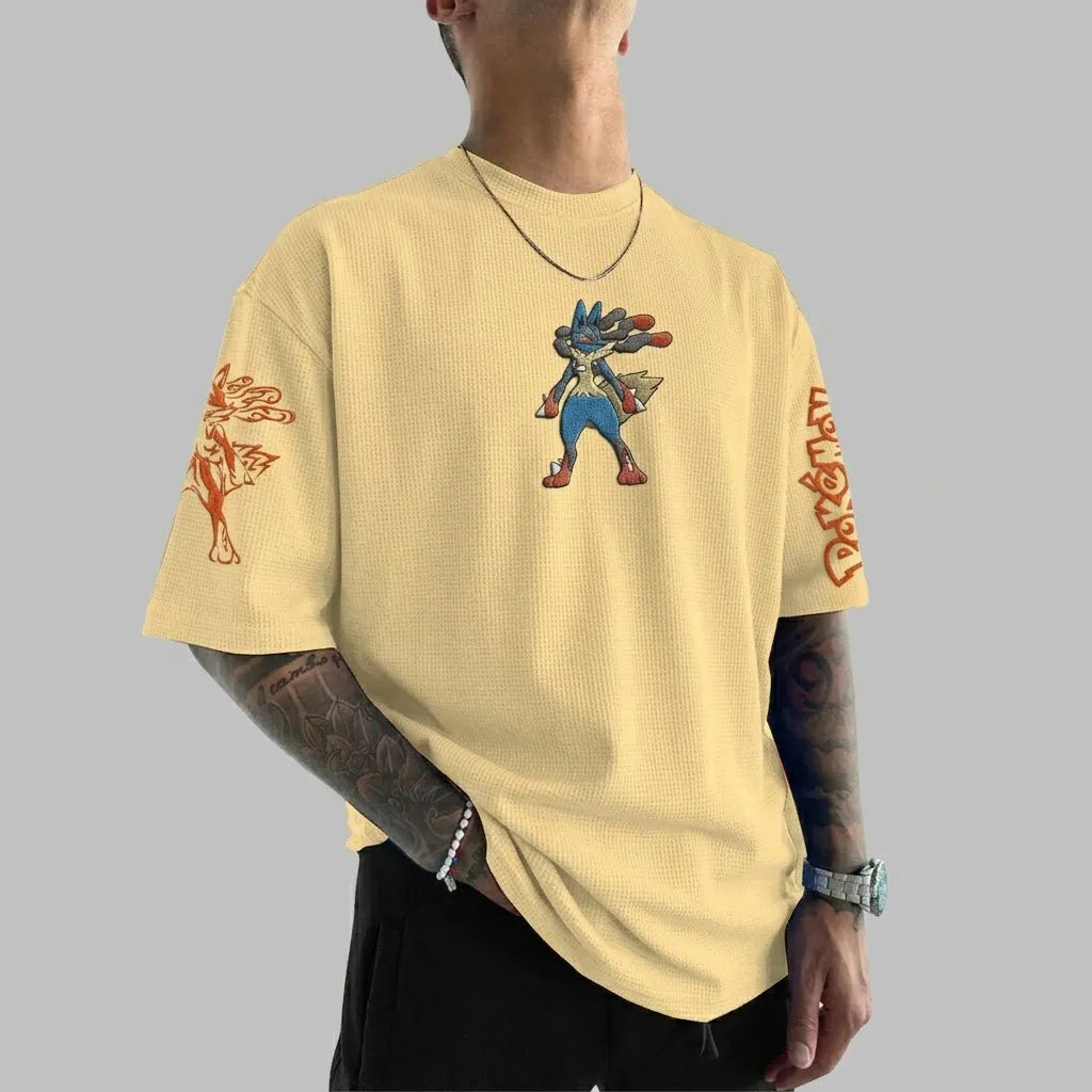 Anime-Inspired Vintage Waffle Knit T-Shirt