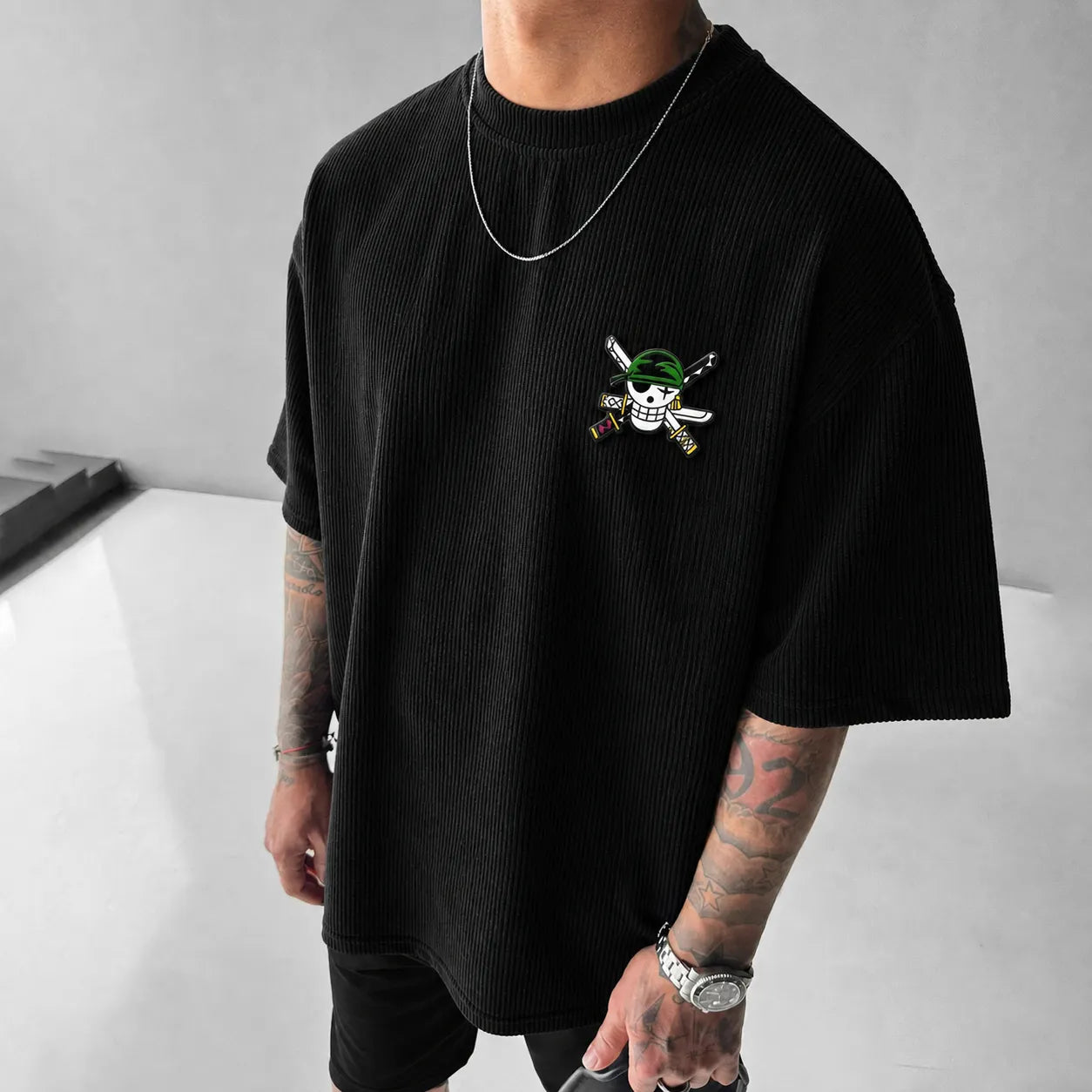 Unisex Anime-Style Retro Corduroy Oversized T-Shirt